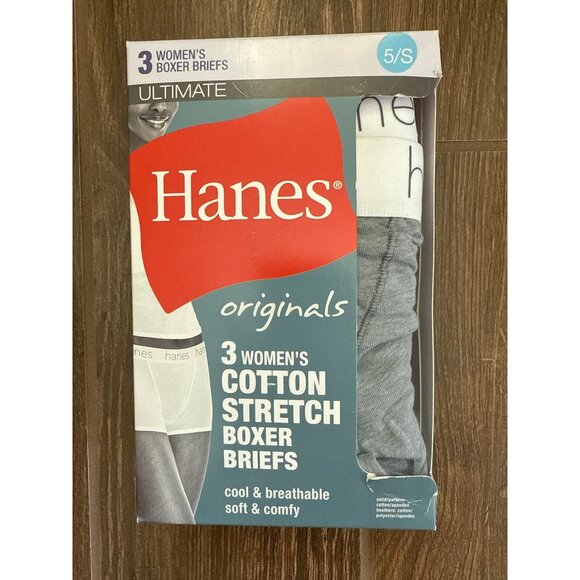 Hanes Women's Cotton Boxer Briefs 3 pairs, size small, size 5, Grey, Black, blue - Picture 1 of 2